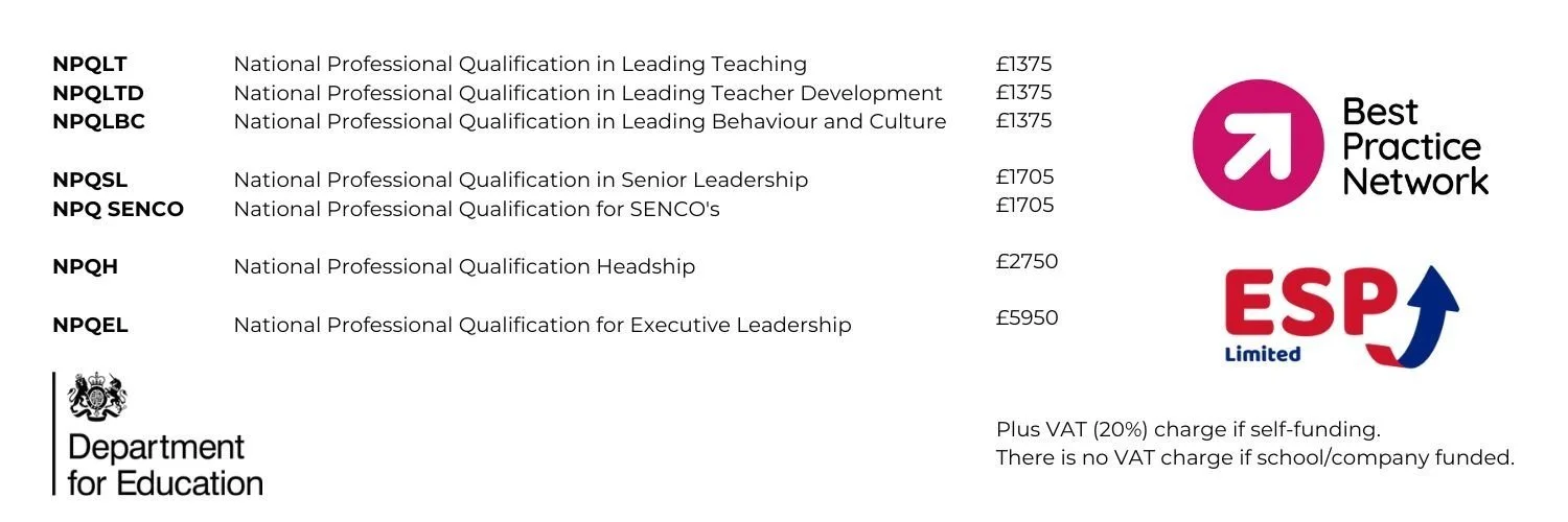 NPQ course fees and Best Practice Network / ESP Limited / Department for Education logos